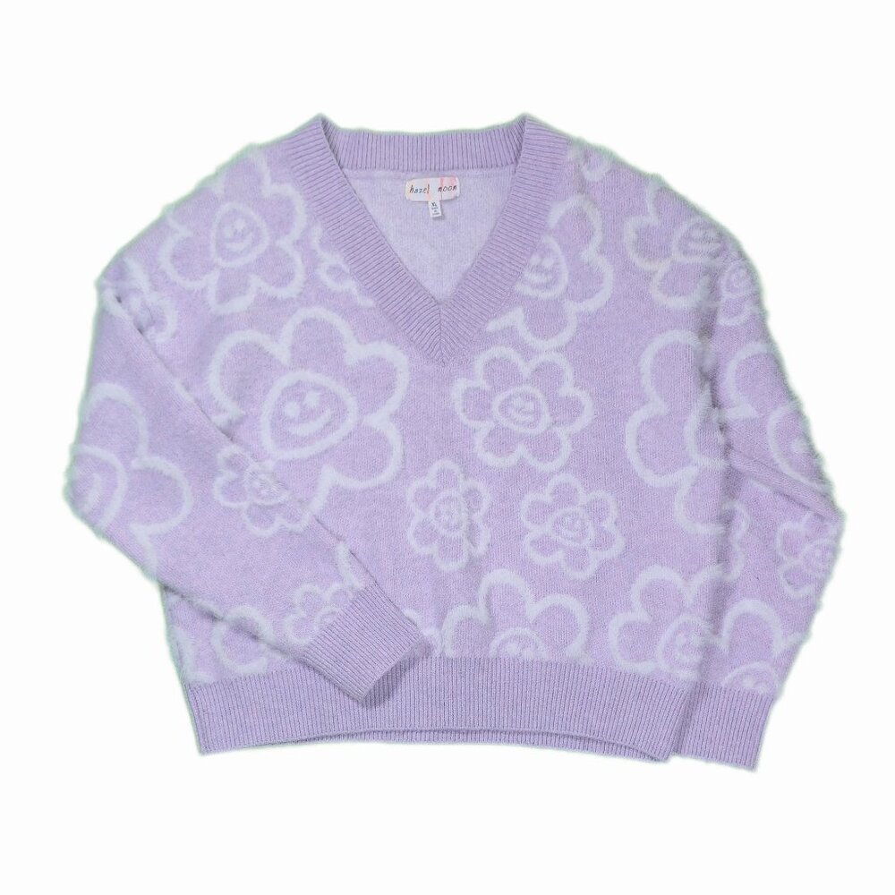 Hazel Moon Purple‎ V-neck Sweater With A Flower Pattern And Smiley Faces